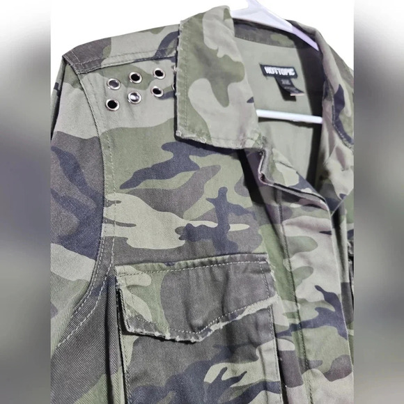 Hot Topic Jacket Sz L Green Camouflage Button Pockets Cotton Distressed - Picture 4 of 8